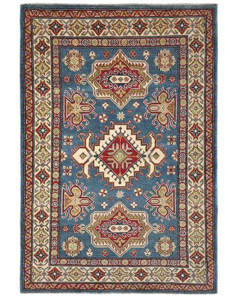 4x6 Blue Kuba Afghan Hand Knotted Wool Area Rug